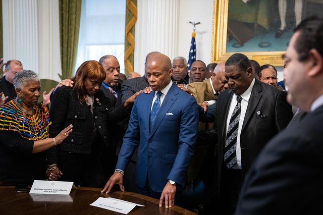 Mayor Eric Adams meets at City Hall on Thursday, April 7 with clergy leaders to discuss his agenda. Immediately following, the mayor and the clergy leaders walked to City Hall Park to deliver remarks to members of their congregations.